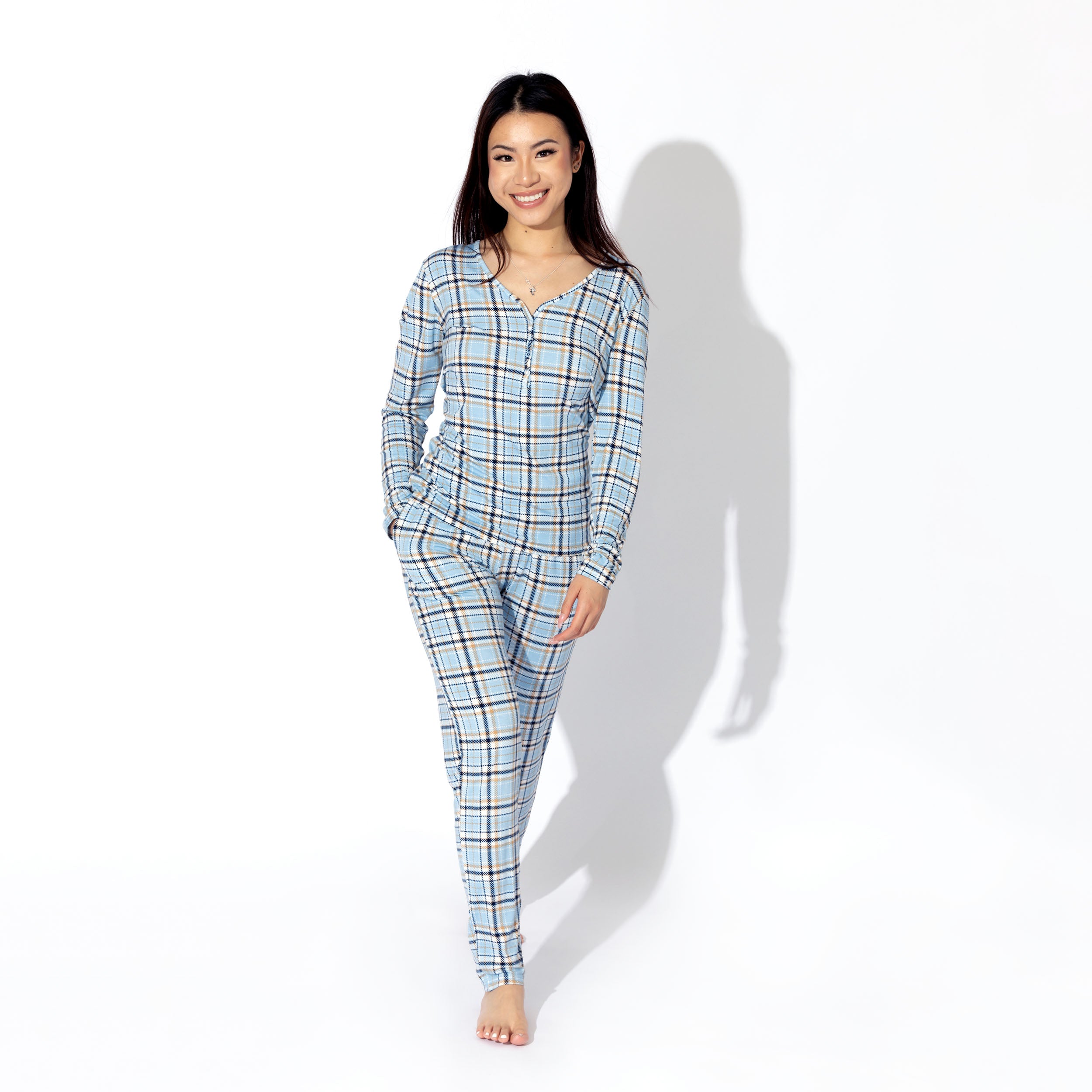 Blue Plaid Bamboo Women s Eczema Safe Adult Matching Pajama Set